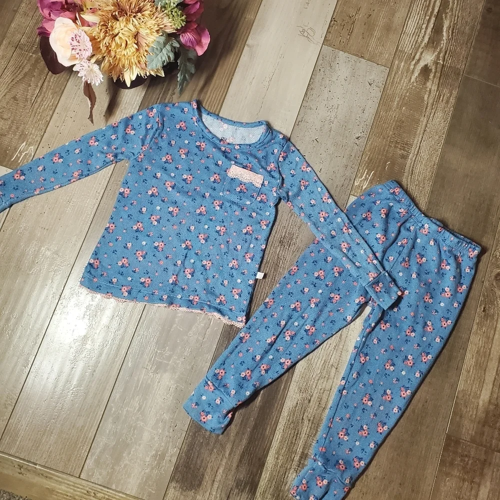 Daisy Fuentes Blue & Pink Floral Matching Pajama PJ Set Toddler Girl Size 3T EUC